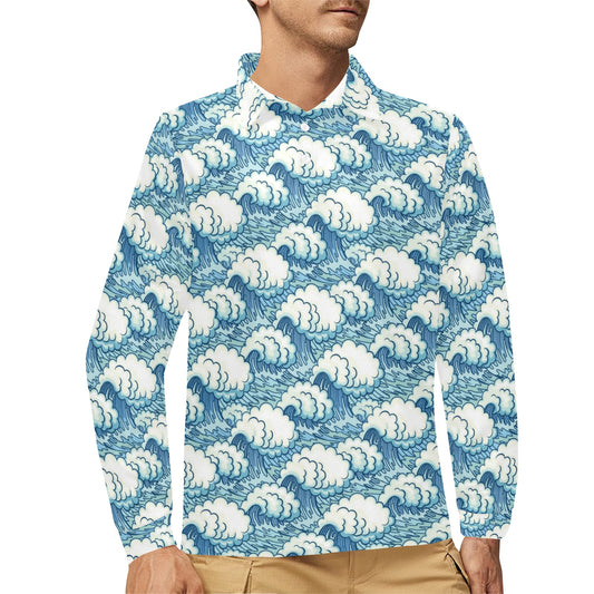 Wave Japan Style Print Design LKS304 Long Sleeve Polo Shirt For Men's
