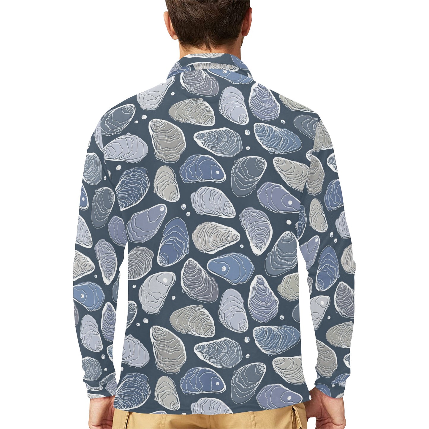 Oyster Pattern Print Design 02 Long Sleeve Polo Shirt For Men's