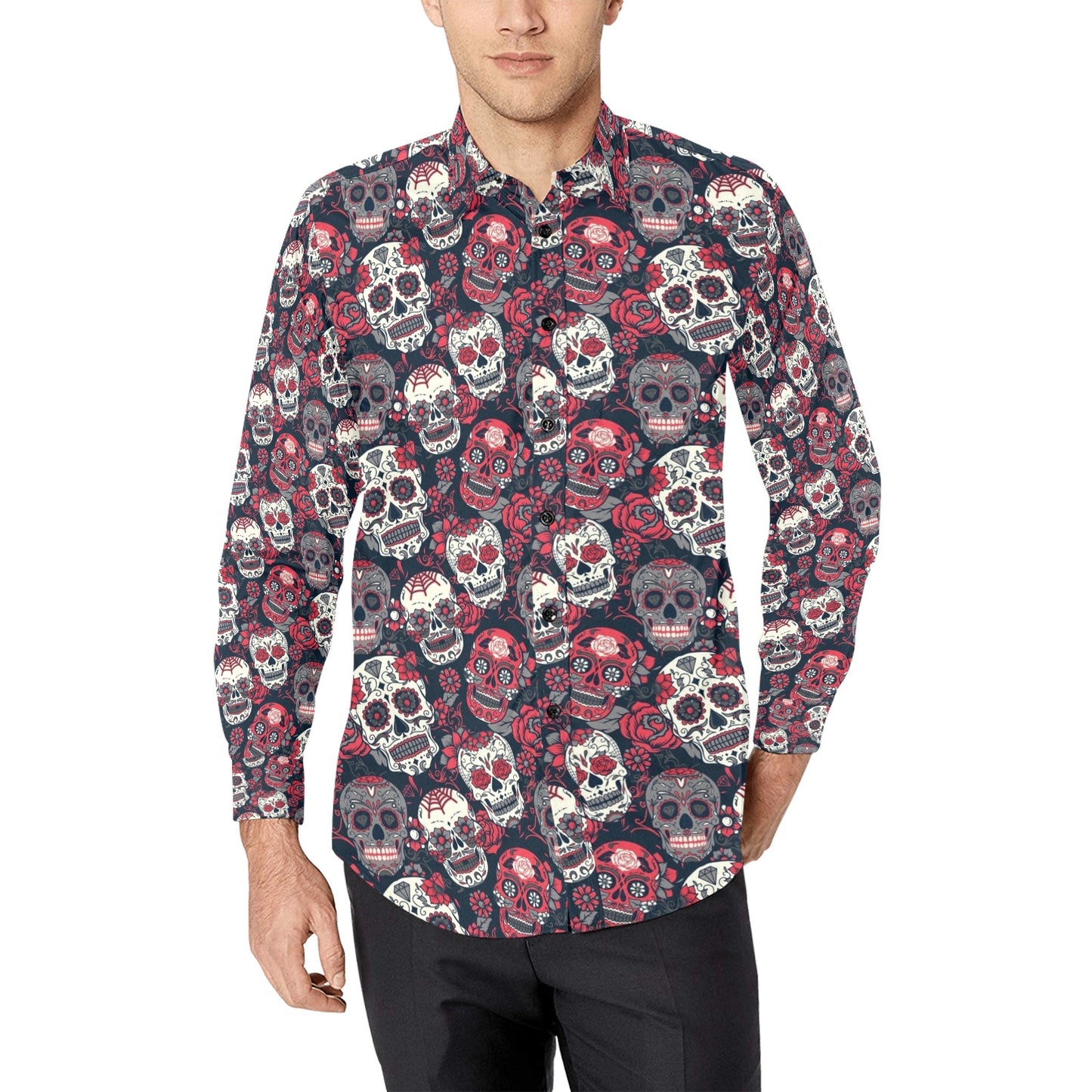Sugar Skull Print Design LKS303 Men's Long Sleeve Dress Shirt