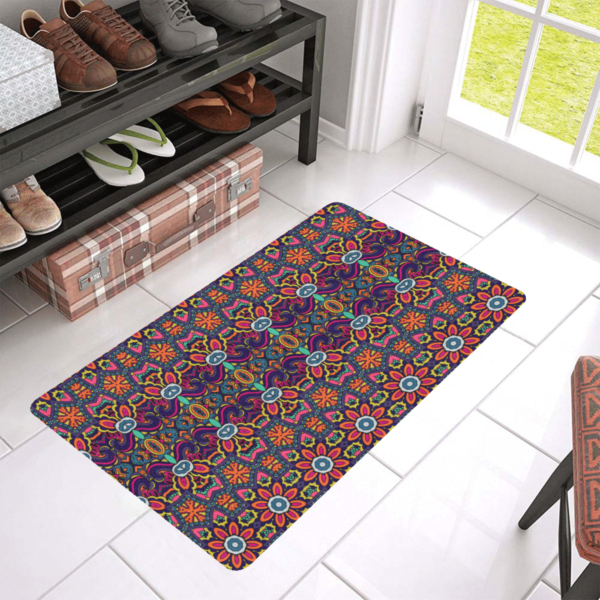 Ethnic Flower Style Print Pattern Rubber Doormat