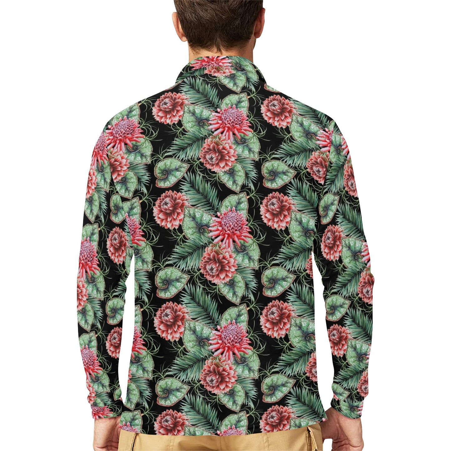 Dahlia Pattern Print Design DH06 Long Sleeve Polo Shirt For Men's