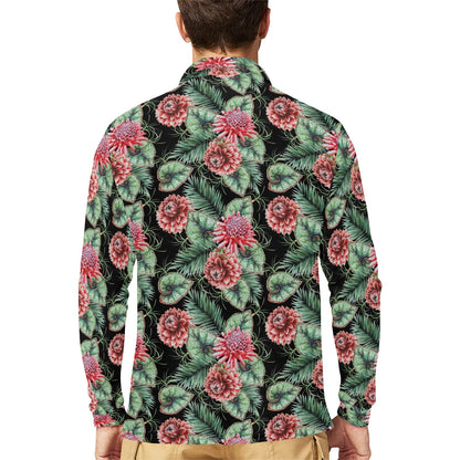 Dahlia Pattern Print Design DH06 Long Sleeve Polo Shirt For Men's