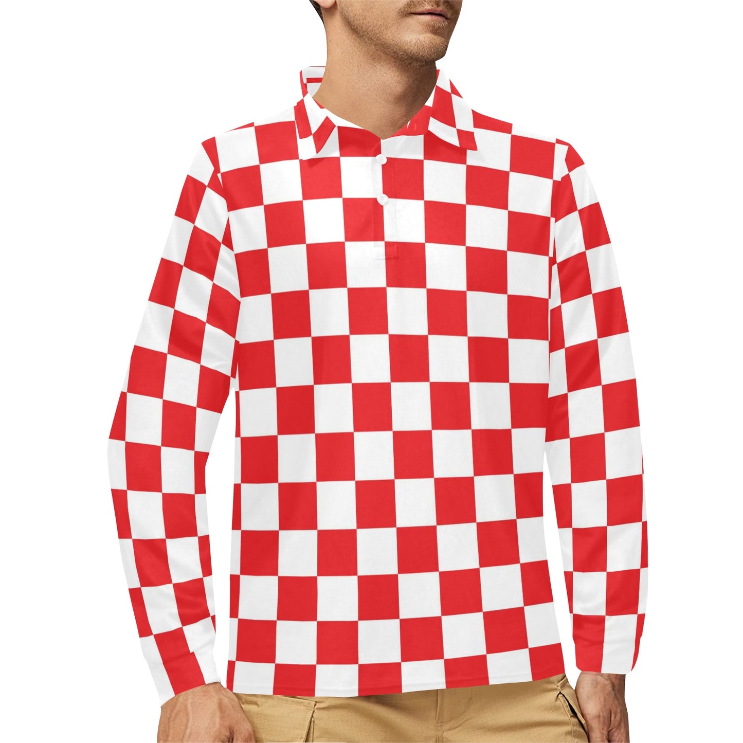 Checkered Red Pattern Print Design 04 Long Sleeve Polo Shirt For Men's
