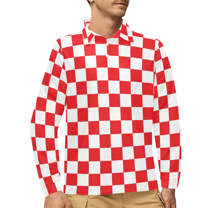 Checkered Red Pattern Print Design 04 Long Sleeve Polo Shirt For Men's