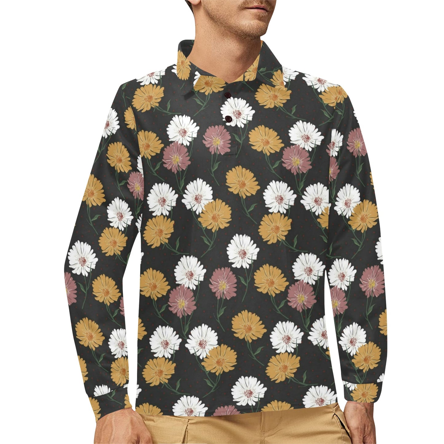 Daisy Pattern Print Design DS04 Long Sleeve Polo Shirt For Men's
