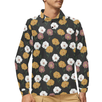 Daisy Pattern Print Design DS04 Long Sleeve Polo Shirt For Men's
