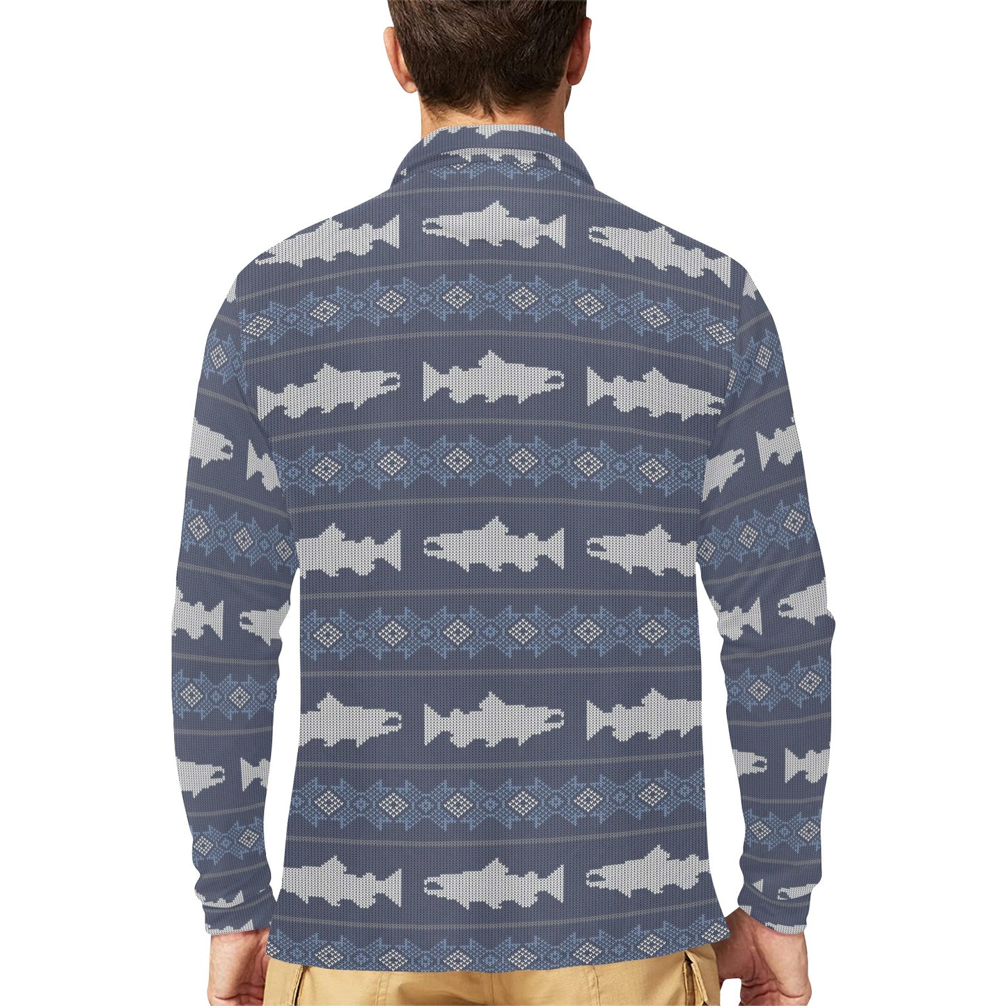 Salmon Fish Knit Style Print Design LKS304 Long Sleeve Polo Shirt For Men's