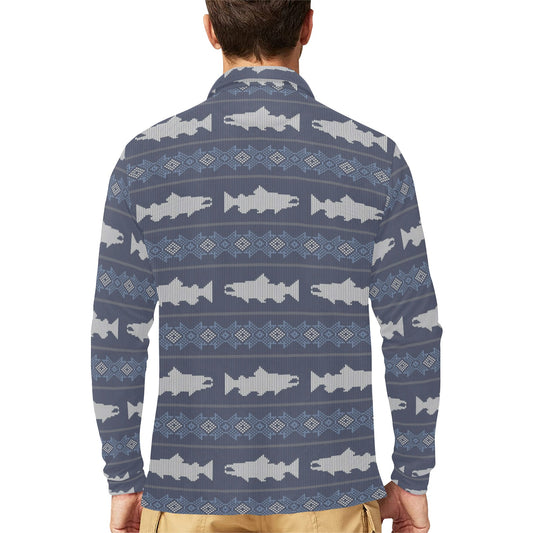 Salmon Fish Knit Style Print Design LKS304 Long Sleeve Polo Shirt For Men's