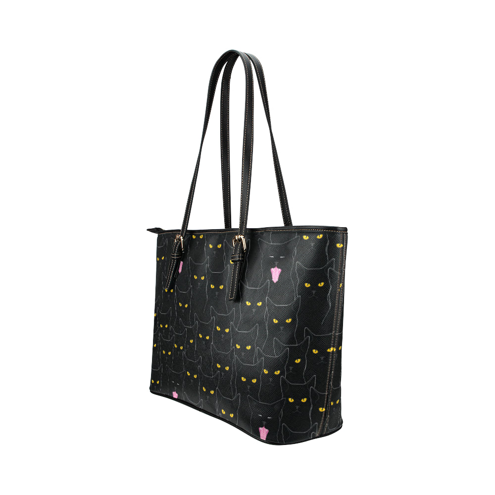 Black Cat Yellow Eyes Print Pattern Leather Tote Bag