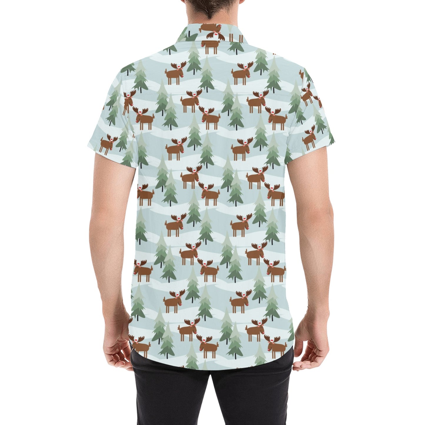 Moose Print Design LKS402 Men Short Sleeve Button Up Shirt