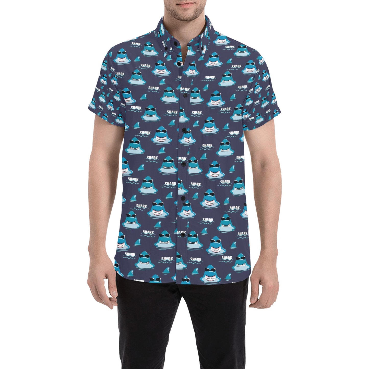 Shark Print Design LKS309 Men Short Sleeve Button Up Shirt