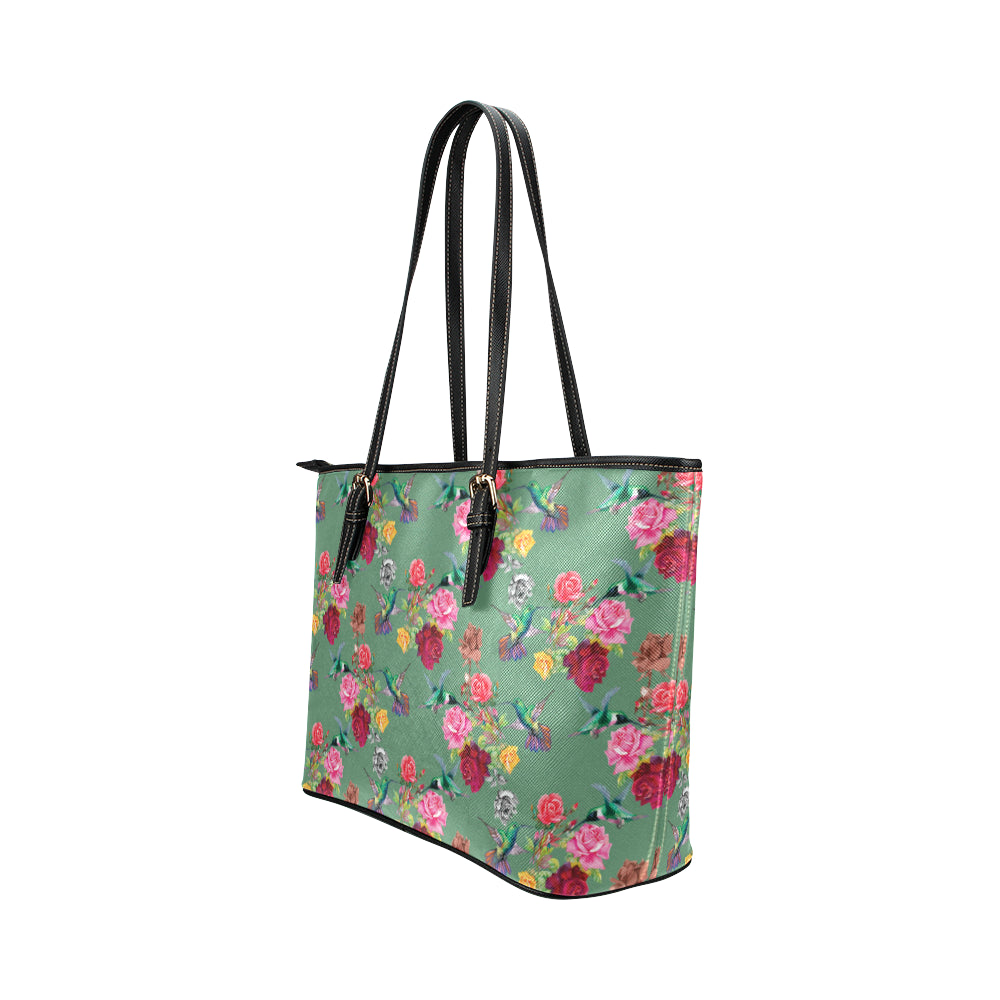 Hummingbird with Rose Themed Print Leather Tote Bag