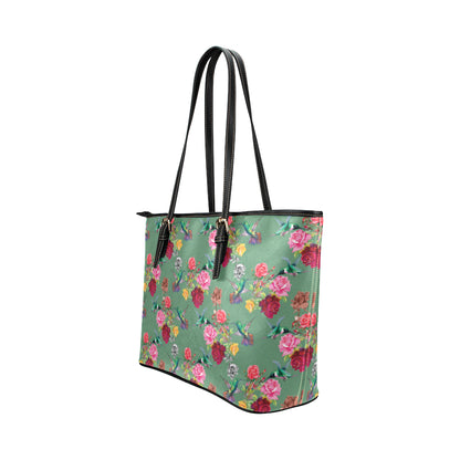 Hummingbird with Rose Themed Print Leather Tote Bag