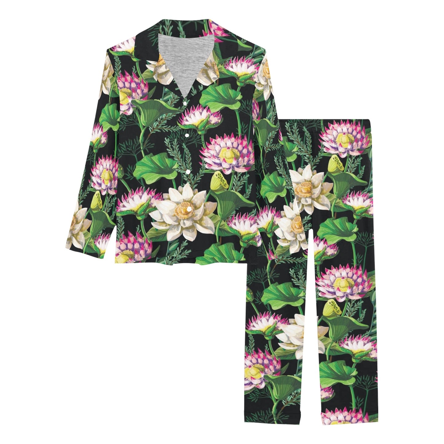 Water Lily Pattern Print Design WL010 Women's Long Pajama Set