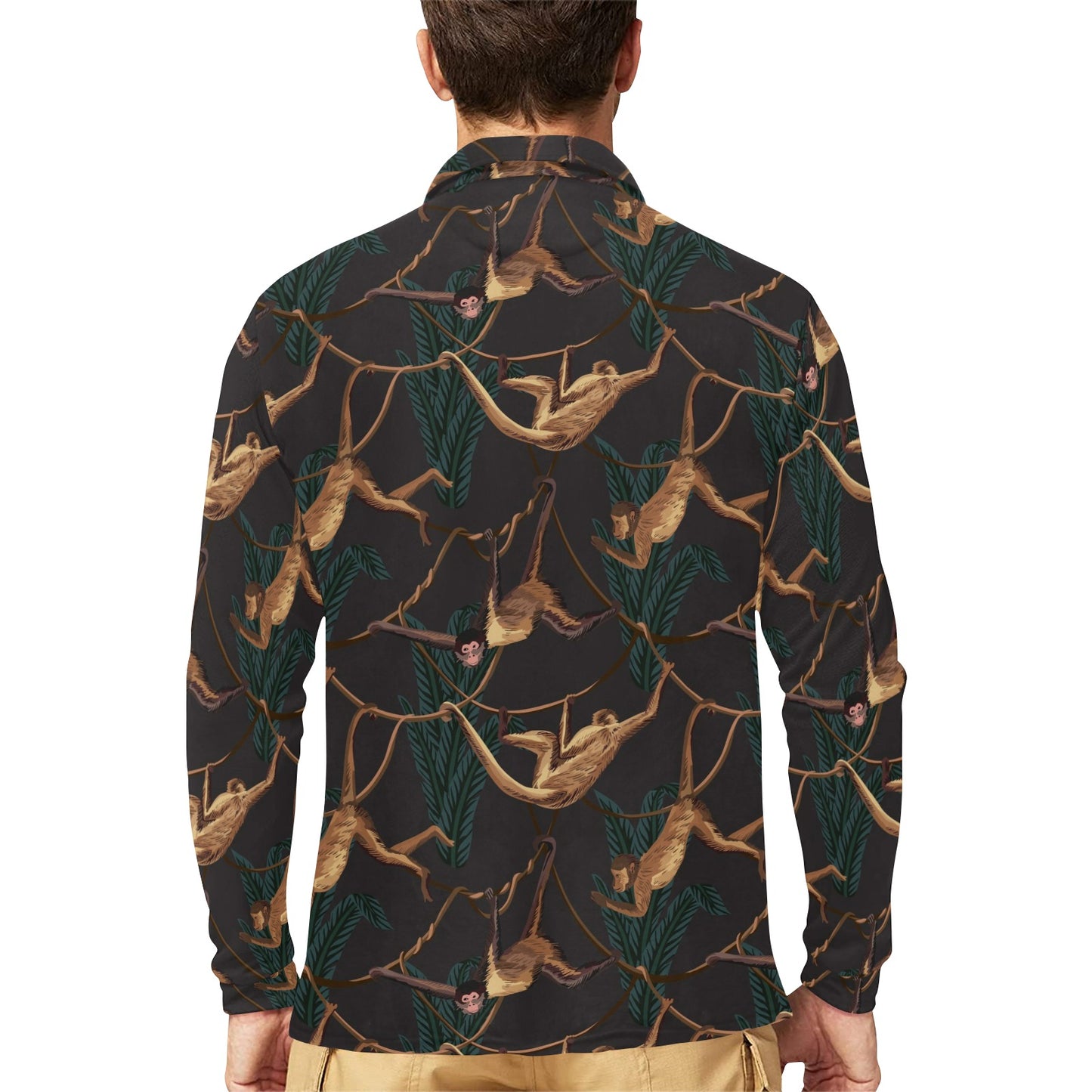 Monkey Pattern Print Design 02 Long Sleeve Polo Shirt For Men's