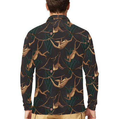 Monkey Pattern Print Design 02 Long Sleeve Polo Shirt For Men's