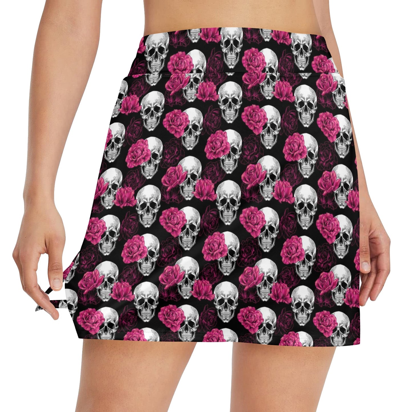 Pink Rose Skull Themed Print 17" Golf & Pickleball Skort with Pockets