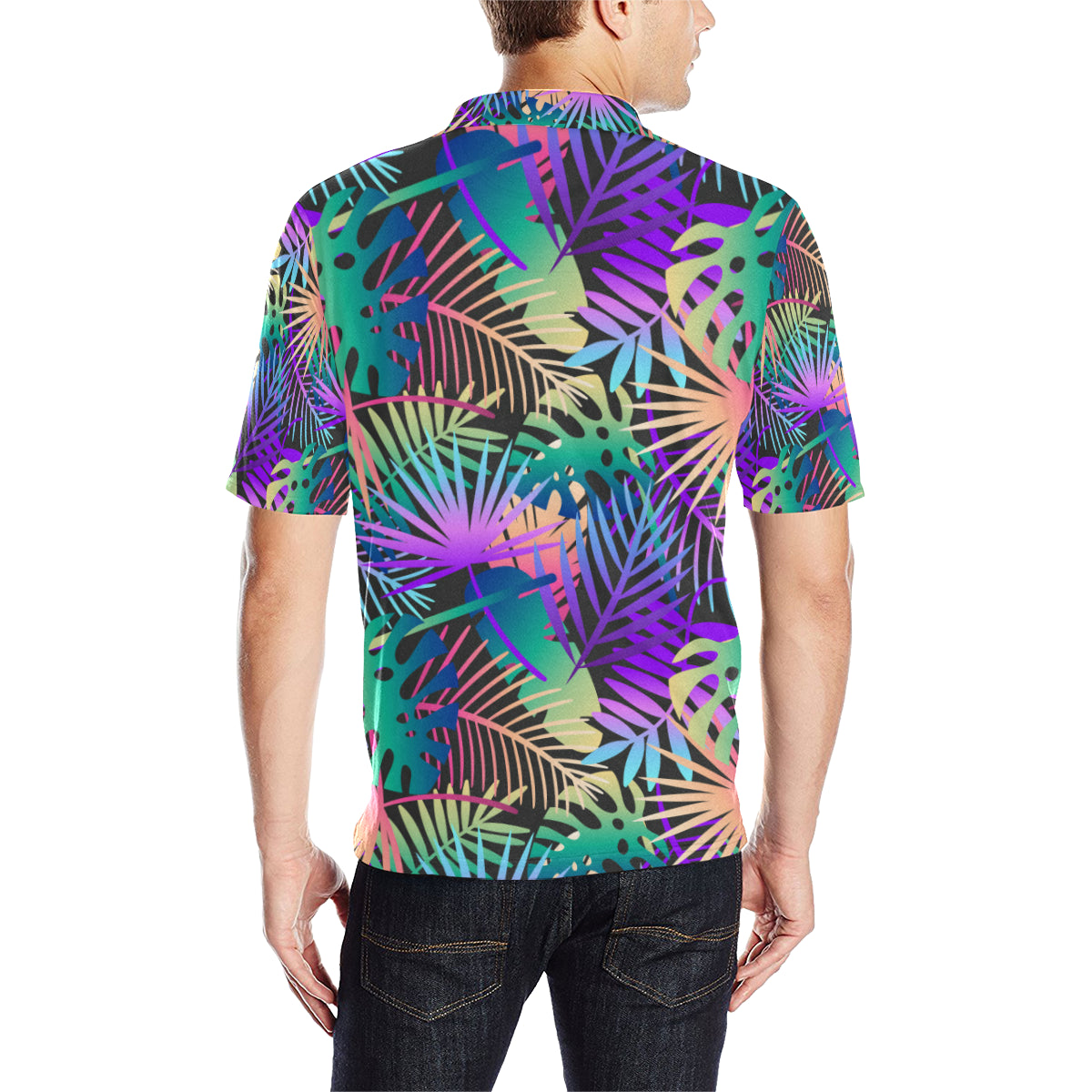Neon Flower Tropical Palm Leaves Men Polo Shirt