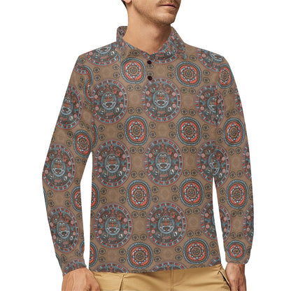 Calendar Aztec Design Print Pattern Long Sleeve Polo Shirt For Men's