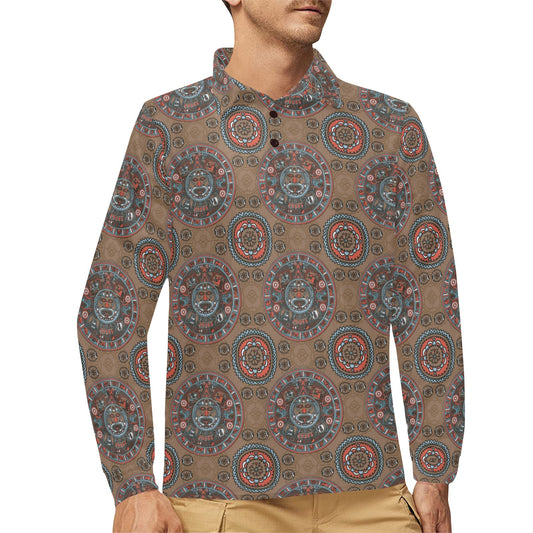 Calendar Aztec Design Print Pattern Long Sleeve Polo Shirt For Men's