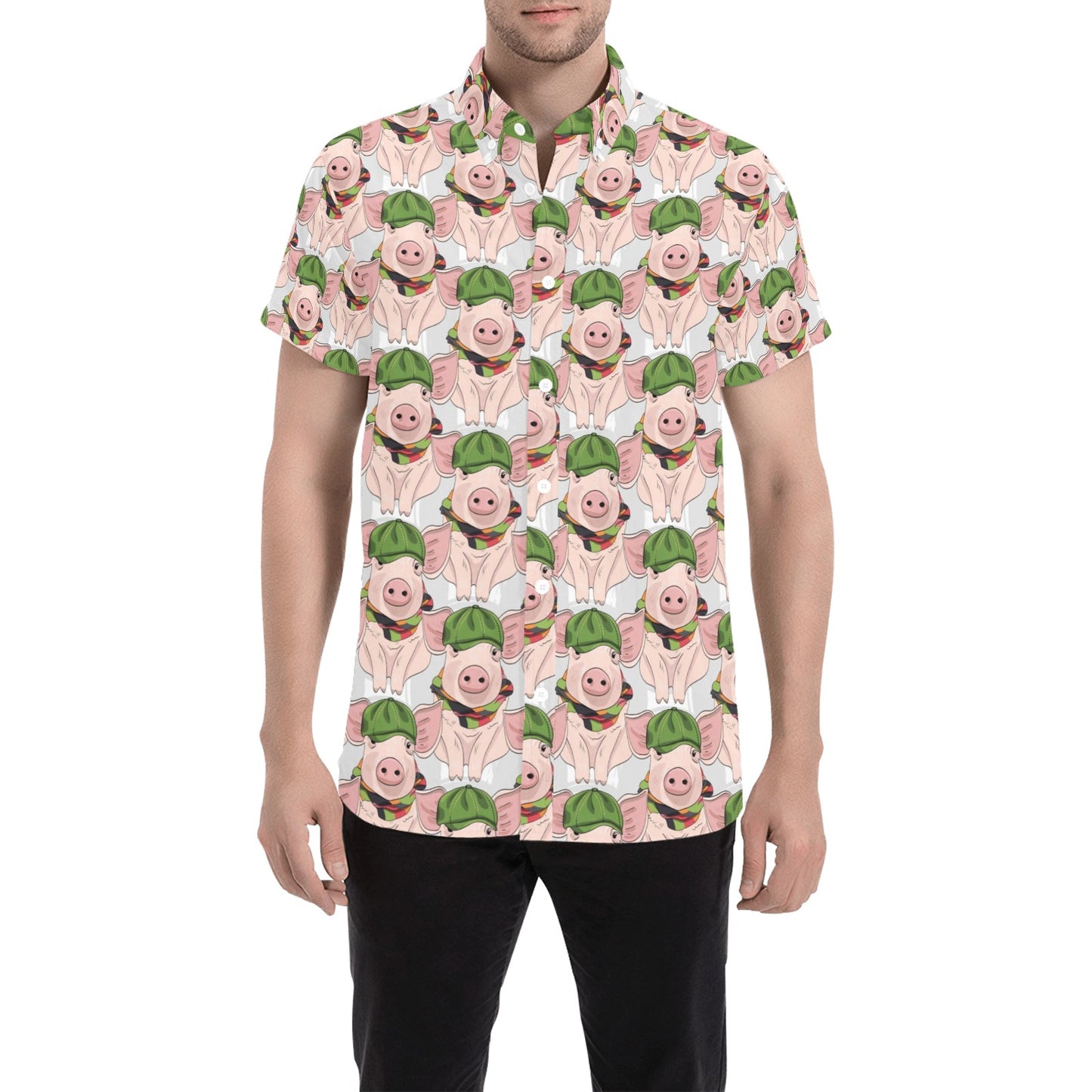 Pig Print Design LKS403 Men Short Sleeve Button Up Shirt