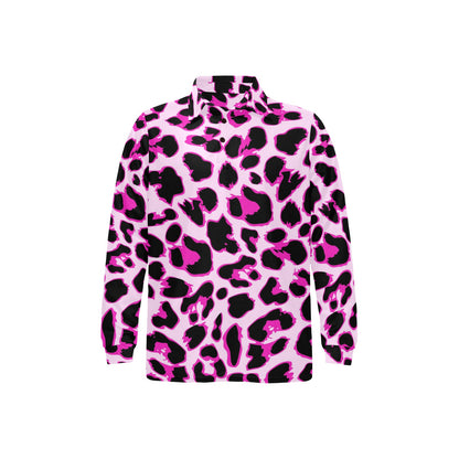 Pink Leopard Print Long Sleeve Polo Shirt For Men's