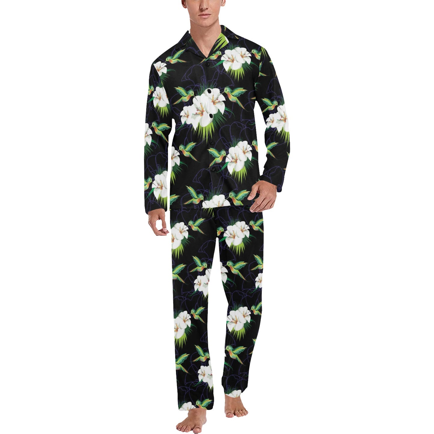 Hummingbird with Flower Pattern Print Design 03 Men's Long Pajama Set