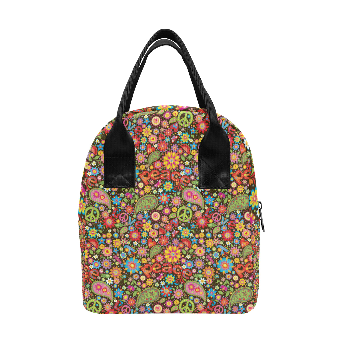 Flower Power Peace Paisley Themed Print Insulated Lunch Bag