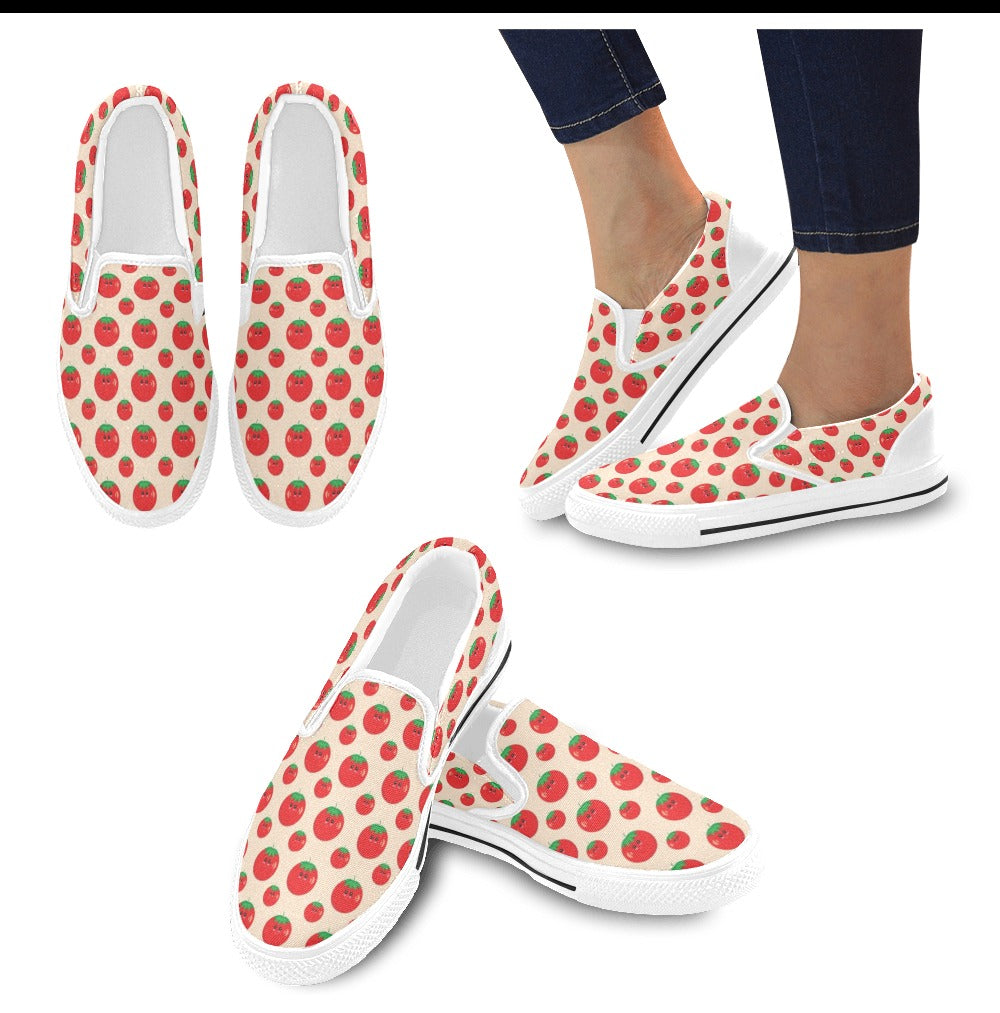 Tomato Print Design LKS308 White Slip Ons Canvas Women's Shoes