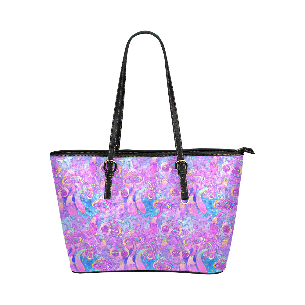 Psychedelic Trippy Mushroom Print Leather Tote Bag