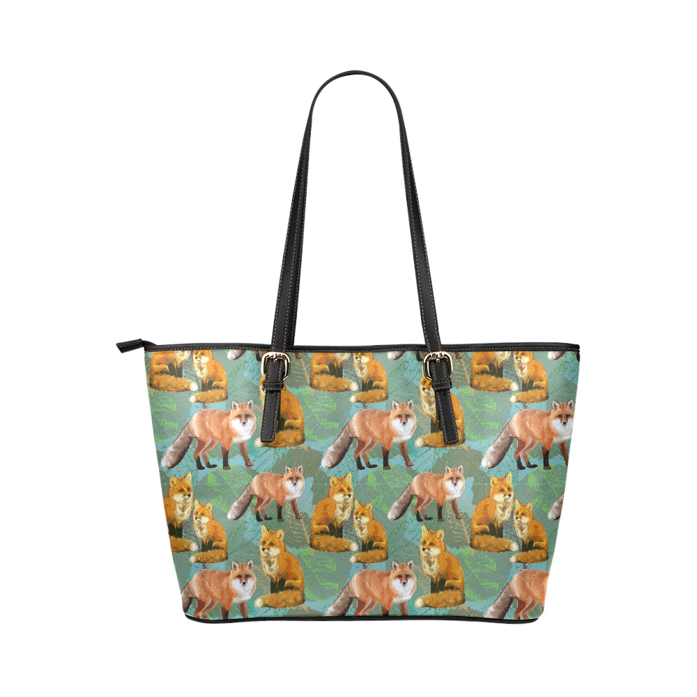 Fox Autumn leaves Themed Leather Tote Bag