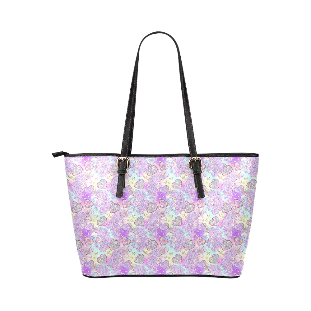 Unicorn Rainbow Star Heart Print Leather Tote Bag