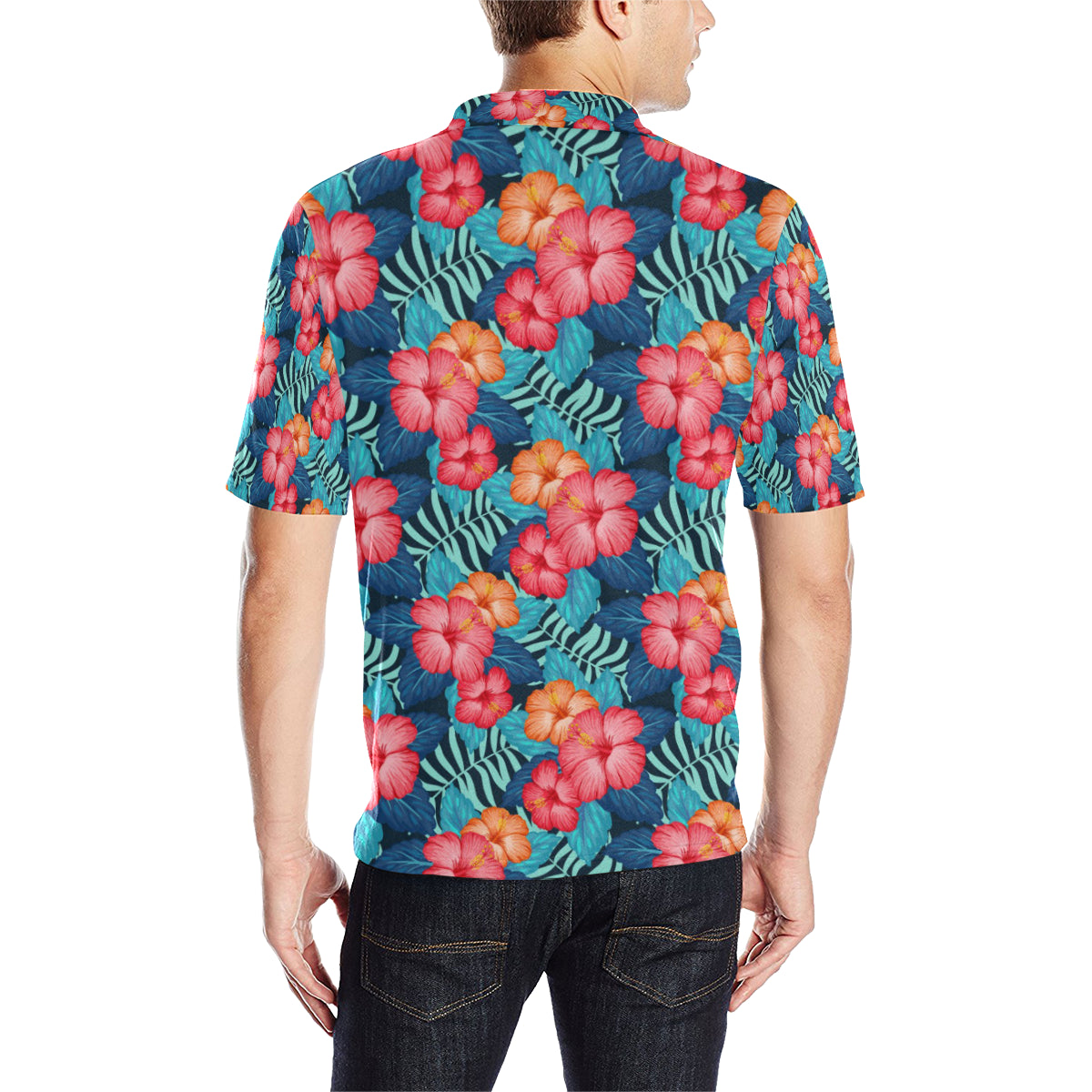 Red Hibiscus Pattern Print Design HB02 Men Polo Shirt