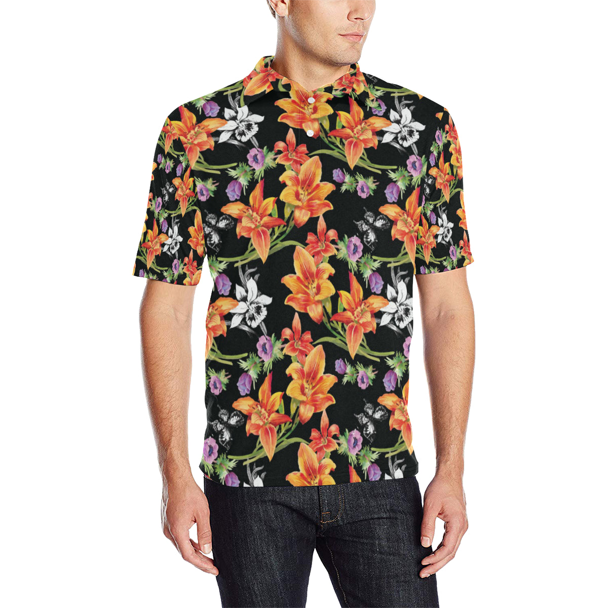 Tropical Flower Pattern Print Design TF02 Men Polo Shirt
