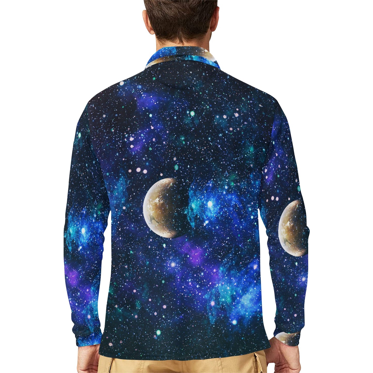 Galaxy Stardust Planet Space Print Long Sleeve Polo Shirt For Men's