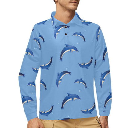 Dolphin Blue Print Long Sleeve Polo Shirt For Men's