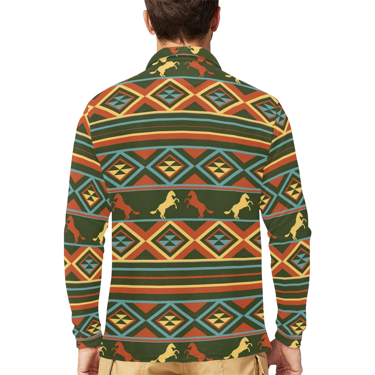 Horse Western Pattern Long Sleeve Polo Shirt For Men's