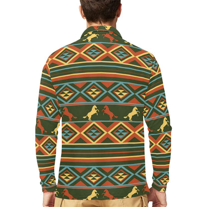 Horse Western Pattern Long Sleeve Polo Shirt For Men's