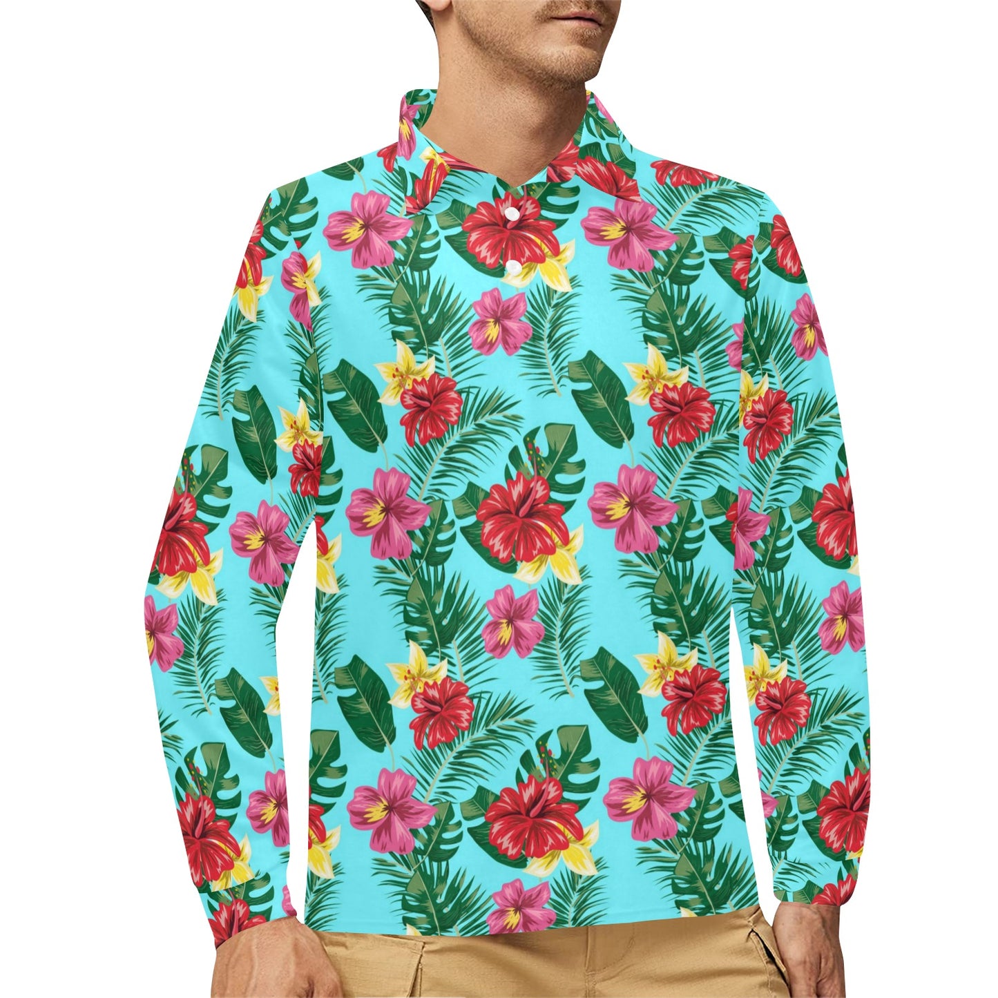 Hibiscus Hawaiian Flower Long Sleeve Polo Shirt For Men's