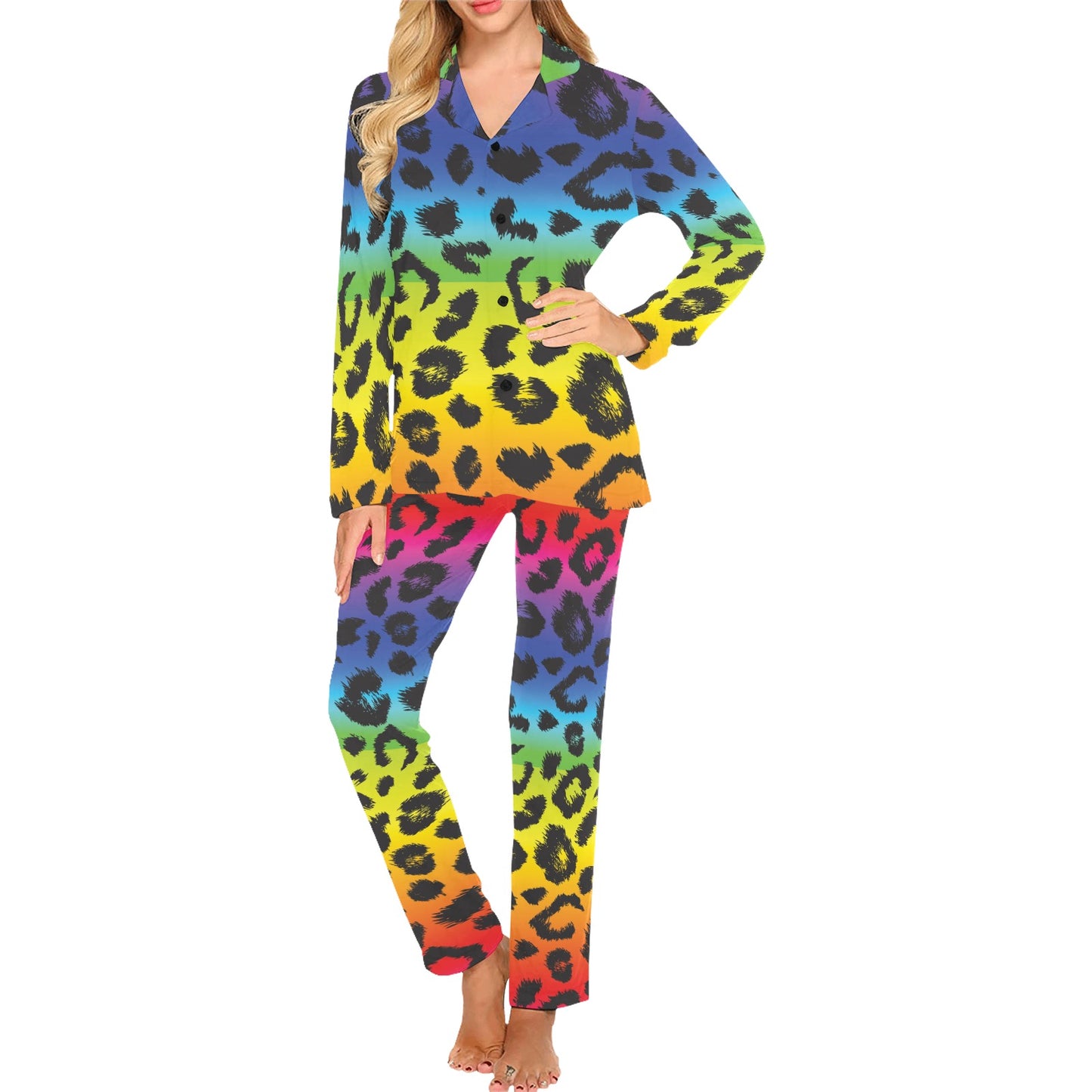 Rainbow Leopard Pattern Print Design A01 Women's Long Pajama Set