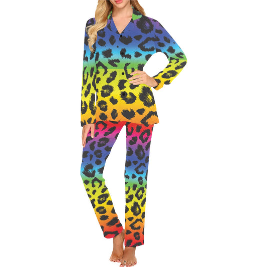 Rainbow Leopard Pattern Print Design A01 Women's Long Pajama Set