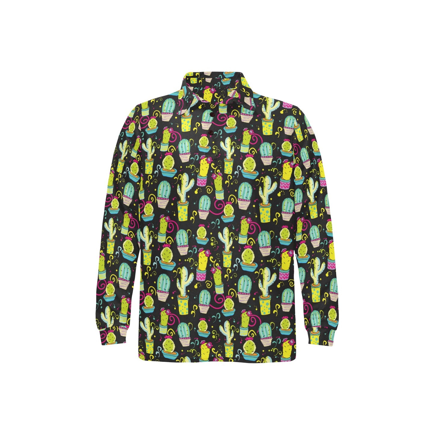 Cactus Neon Style Print Pattern Long Sleeve Polo Shirt For Men's