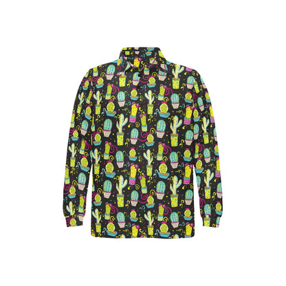 Cactus Neon Style Print Pattern Long Sleeve Polo Shirt For Men's
