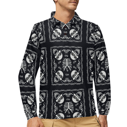 Bandana Skull Black White Print Design LKS306 Long Sleeve Polo Shirt For Men's