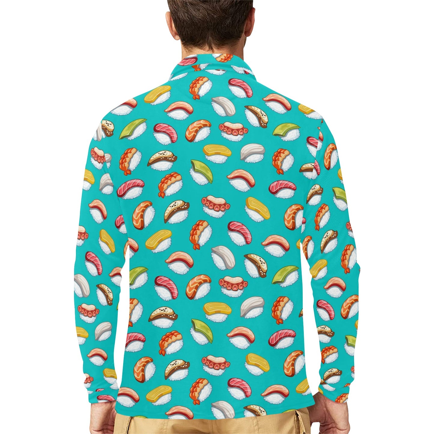 Sushi Themed Print Long Sleeve Polo Shirt For Men's
