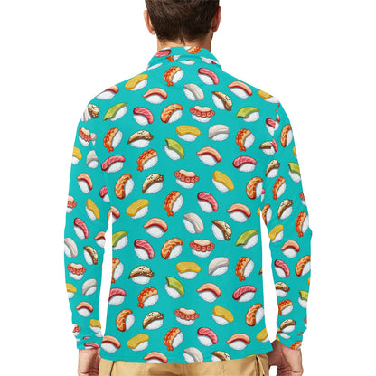 Sushi Themed Print Long Sleeve Polo Shirt For Men's