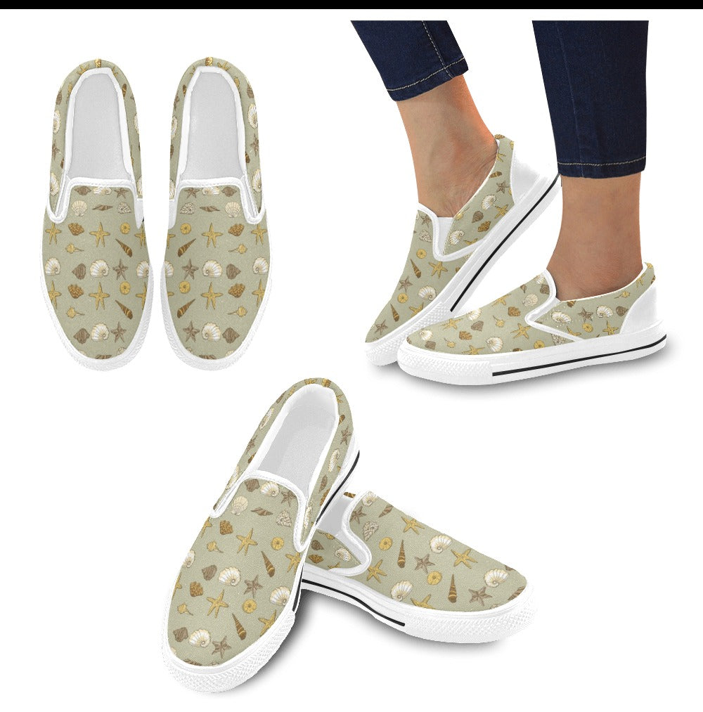 Seashell Beach Print Design LKS303 White Slip Ons Canvas Women's Shoes