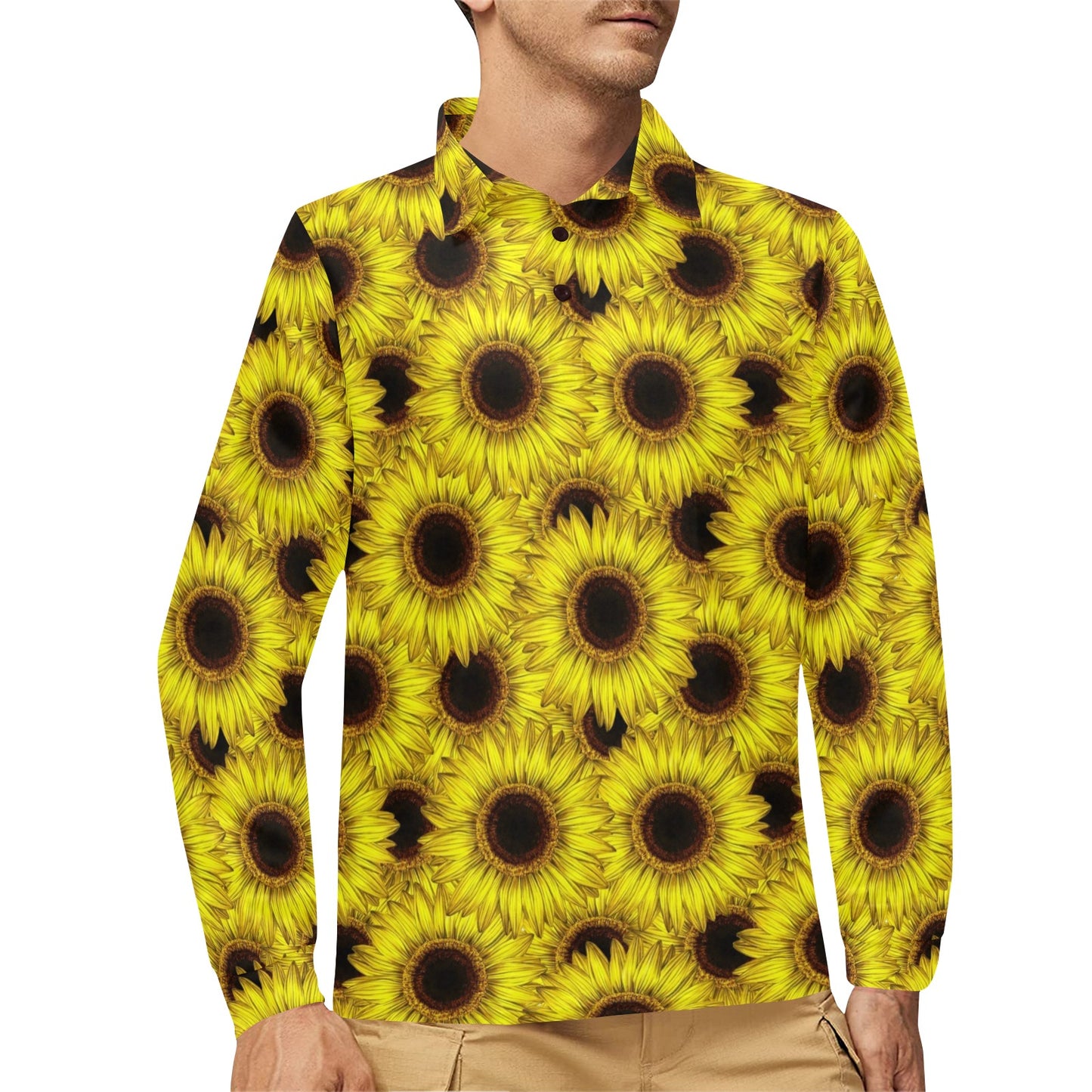 Sunflower Pattern Print Design SF011 Long Sleeve Polo Shirt For Men's