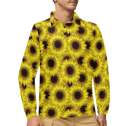 Sunflower Pattern Print Design SF011 Long Sleeve Polo Shirt For Men's