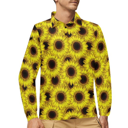 Sunflower Pattern Print Design SF011 Long Sleeve Polo Shirt For Men's